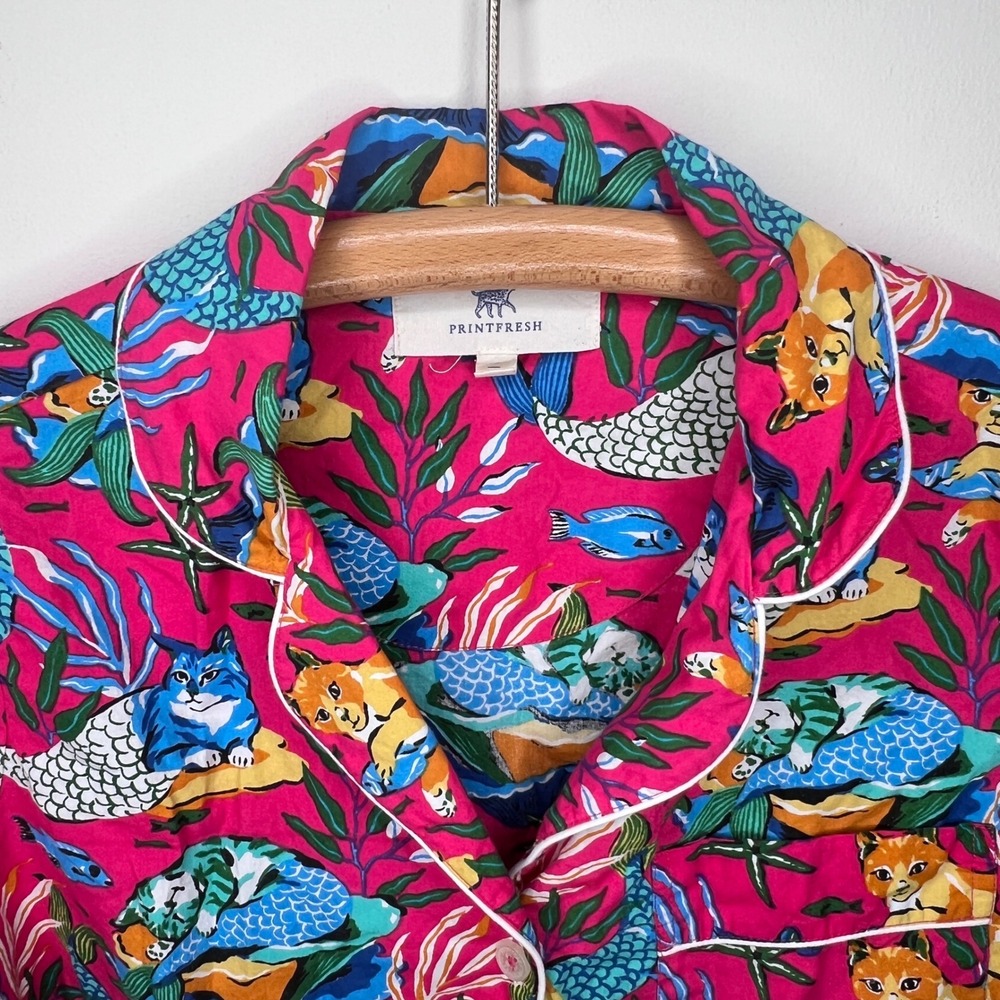 Printfresh Meowing Mermaids Cats Pink Organic Cotton Pajama Top XS Button Up - Picture 3 of 9